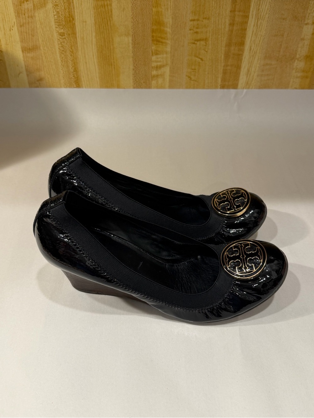 Tory Burch Caroline Black Patent Leather Wedge Women’s Heels Shoes